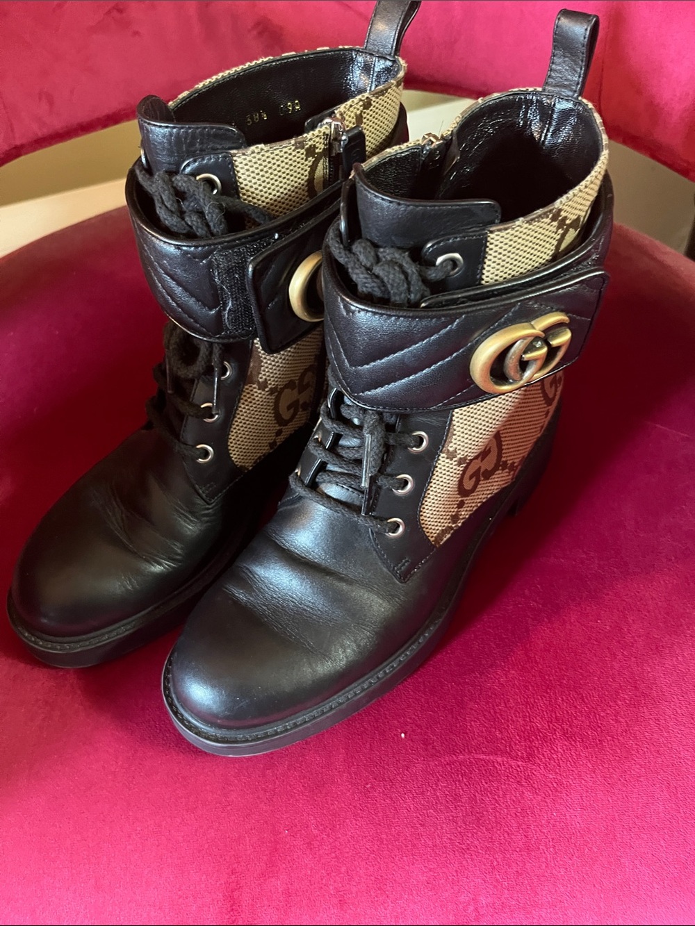 Gucci Double G Marmont Black and Brown Combat Boots with Gold Hardware with Bags